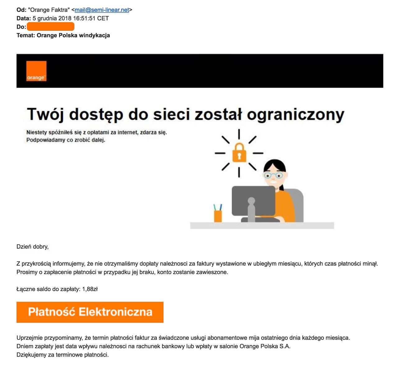 Spreparowana wiadomość e-mail. Źródło: niebezpiecznik.pl