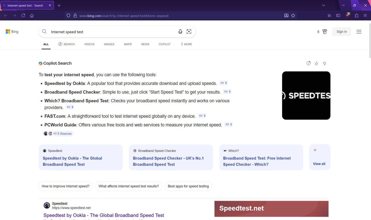 Copilot blokuje test szybkości Internetu