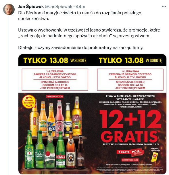 Wpis Jana Śpiewaka na platformie X, znanej do niedawna jako Twitter