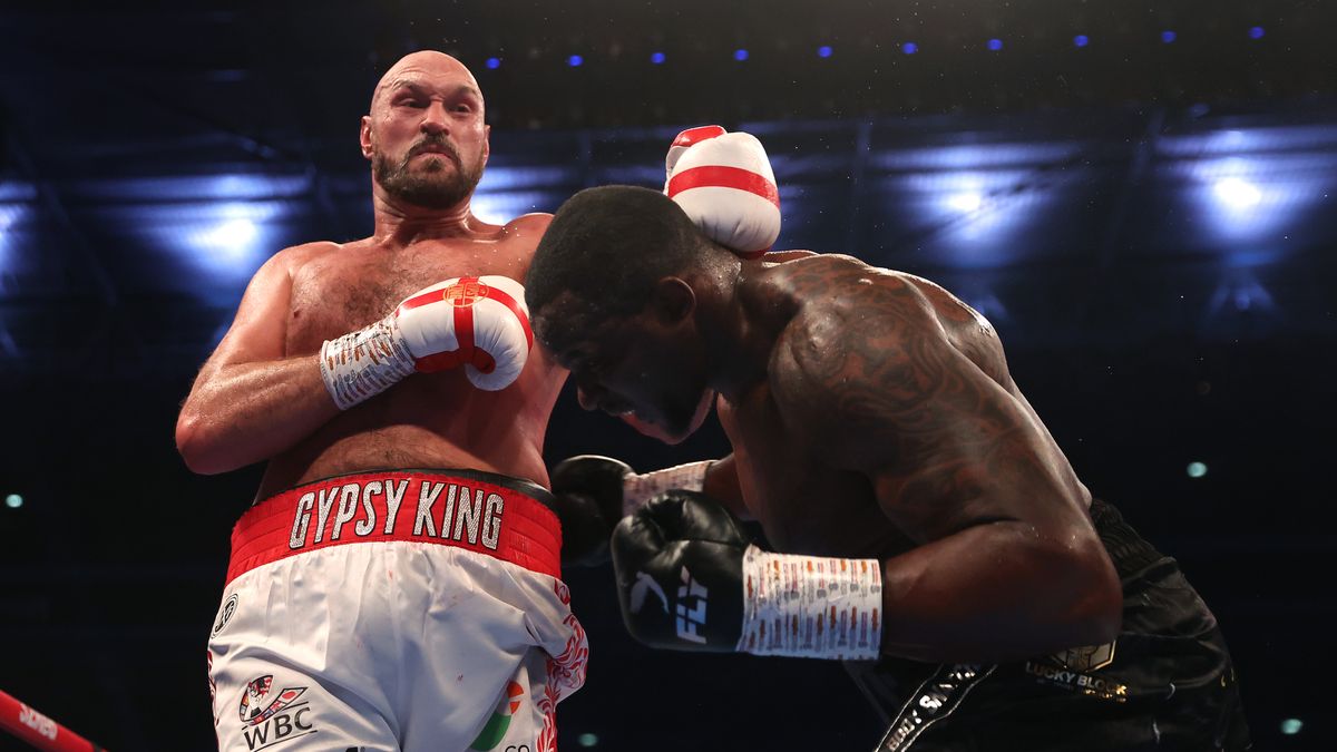 LONDON, ENGLAND - APRIL 23: Tyson Fury and Dillian Whyte in action during the WBC World Heavyweight Title Fight between Tyson Fury and Dillian Whyte at Wembley Stadium on April 23, 2022 in London, England. (Photo by Julian Finney/Getty Images)