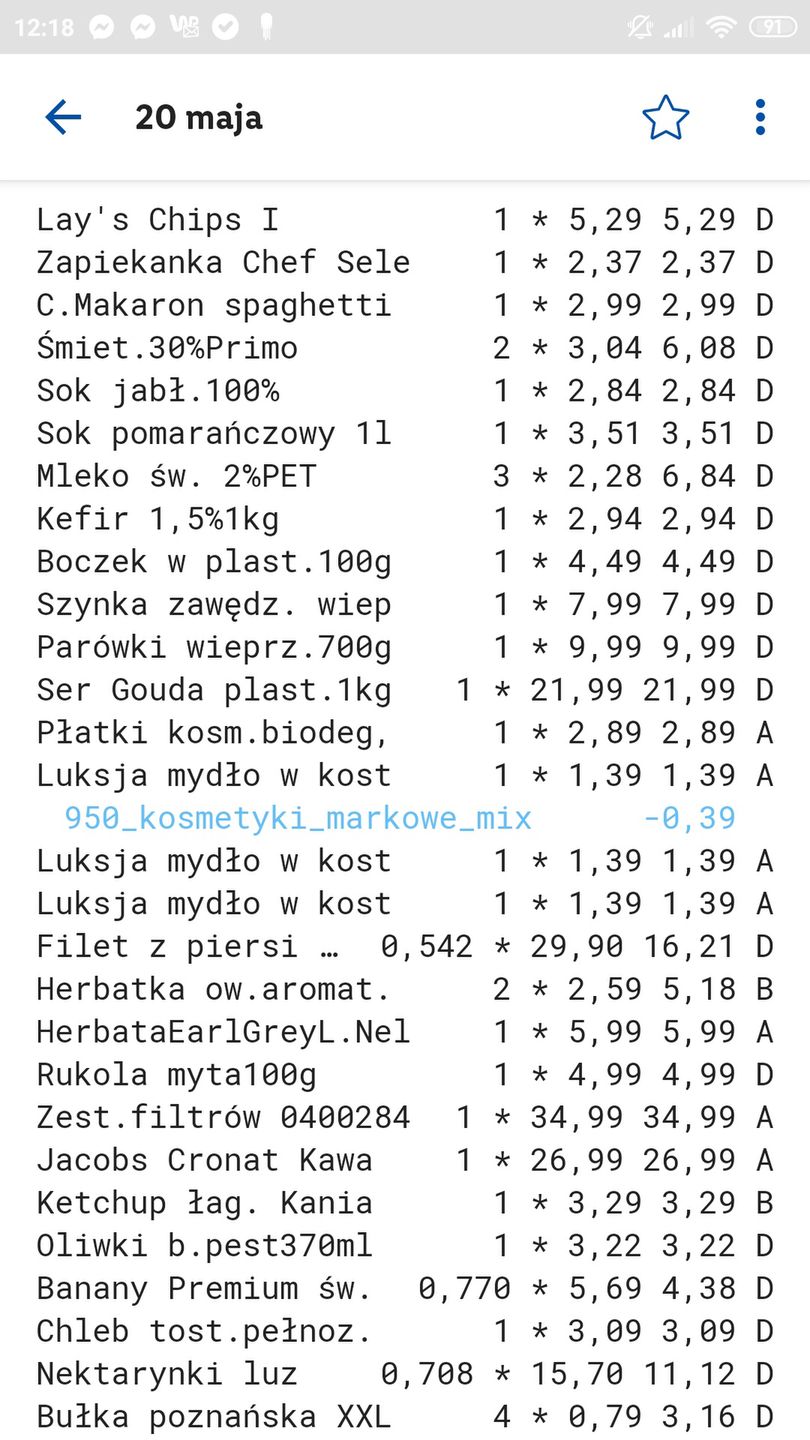 Paragony pokazujące wzrost cen produktów spożywczych