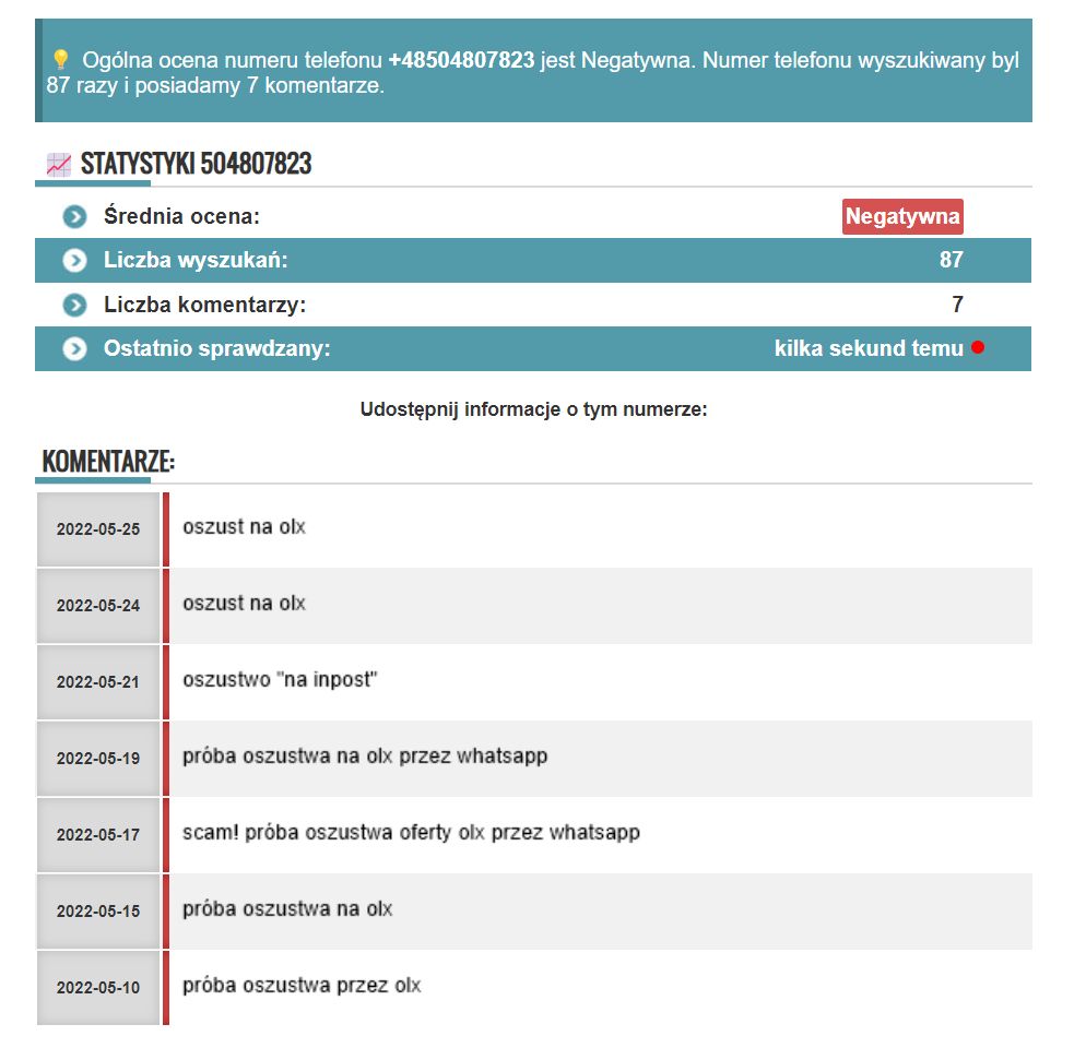 Przykładowa informacja zwrotna o konkretnym numerze