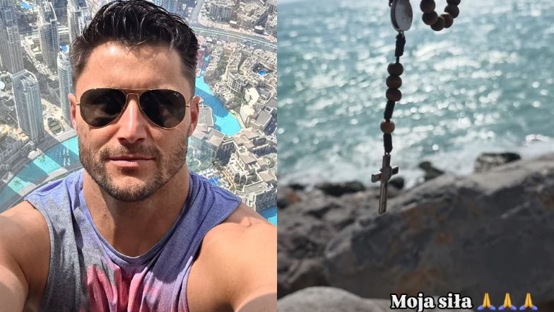 Piotr Mróz pozuje z różańcem w Dubaju