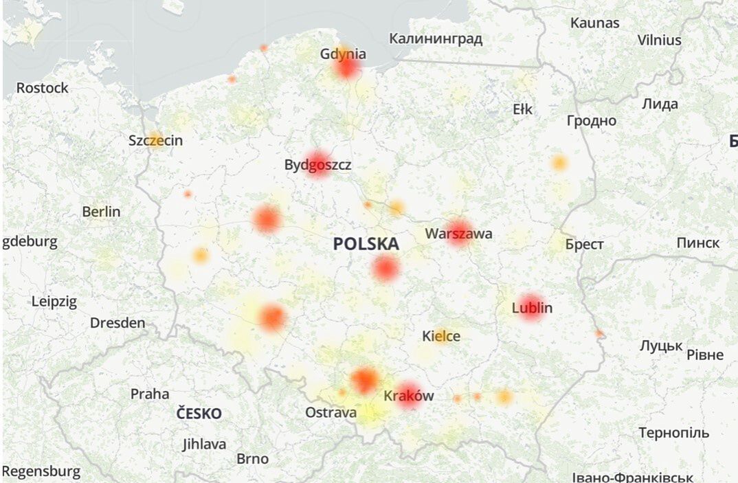 Mapa awarii Facebooka w Polsce. 