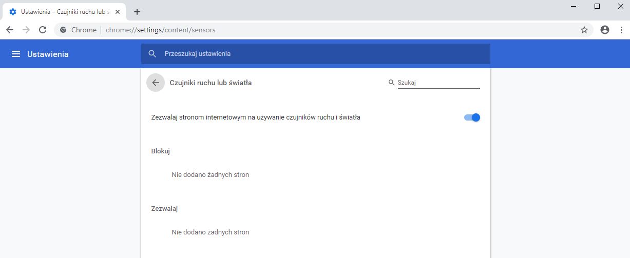 Ustawienia czujników ruchu i światła w Chrome Canary.