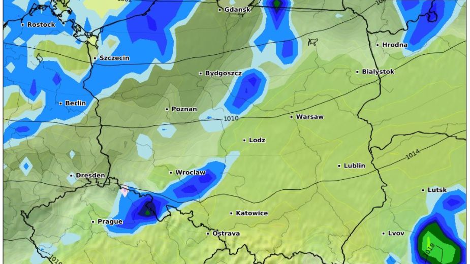 Niedziela pochmurna i wietrzna. Nad morzem burze, w Sudetach śnieg (wxcharts.com)