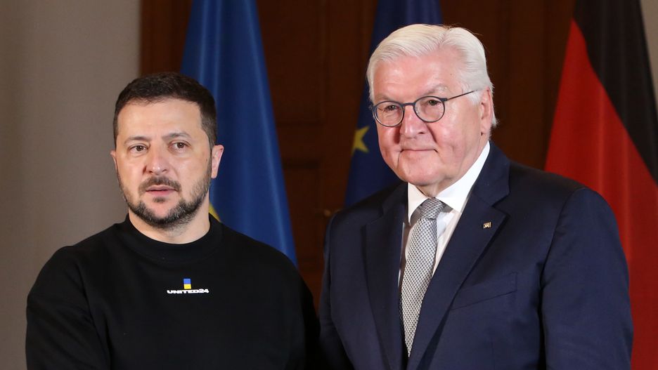 BERLIN, GERMANY - MAY 14: German President Frank-Walter Steinmeier (R) poses with Ukrainian President Volodymyr Zelensky after signing a guest book at Bellevue presidential palace on May 14, 2023 in Berlin, Germany. This is Zelensky's first visit to Germany since Russia invaded Ukraine last year. Germany is among Ukraine's firmest supporters and has supplied its military with a wide range of weapons. Zelensky is scheduled to travel to Aachen later today, where he is to receive the International Charlemagne Prize. (Photo by Adam Berry/Getty Images)