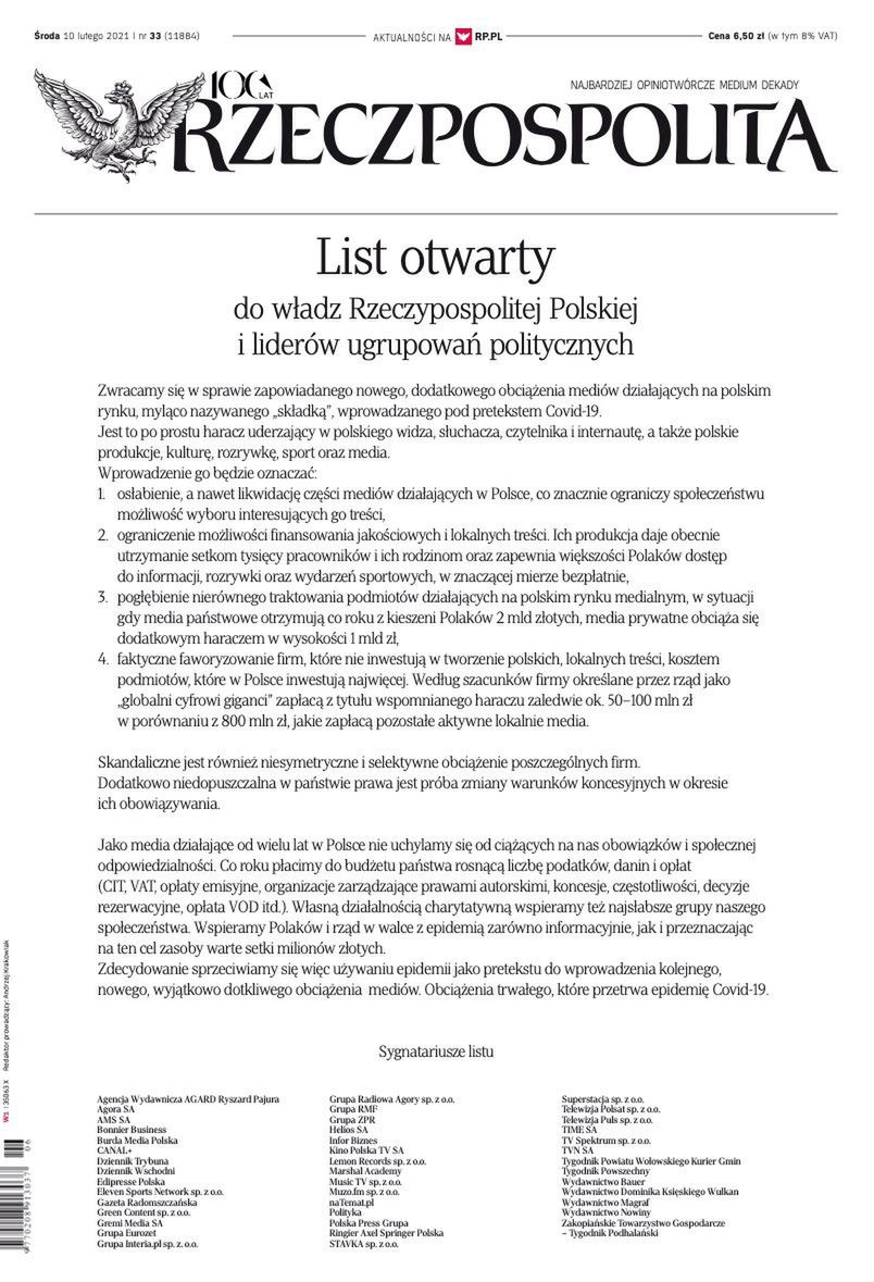 List otwarty mediów do władz RP. Okładka Rzeczpospolitej