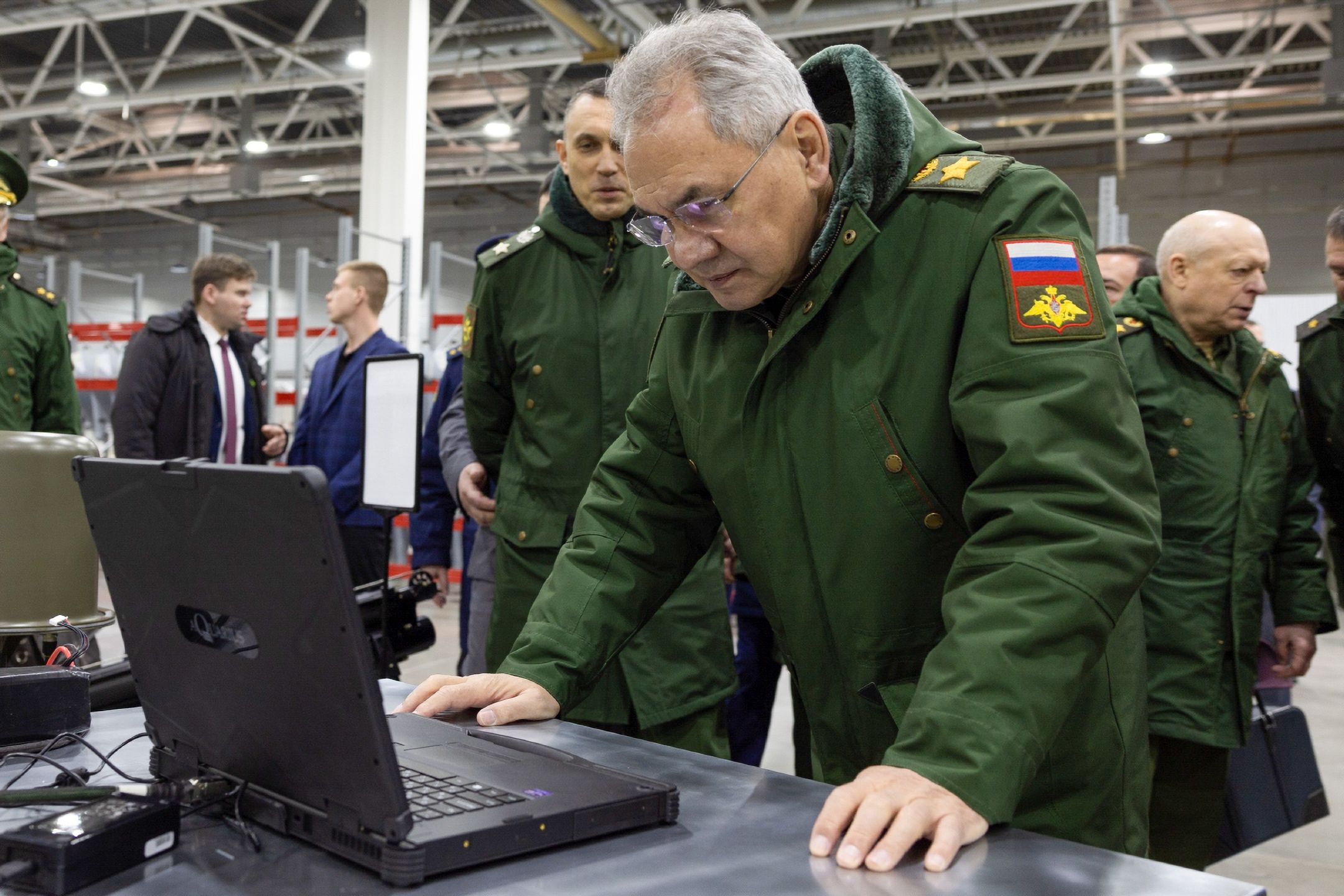 UDMURTIA, RUSSIA - FEBRUARY 10: (----EDITORIAL USE ONLY  MANDATORY CREDIT - 'RUSSIAN DEFENSE MINISTRY / DMITRY KHARICHKOV / POOL / HANDOUT' - NO MARKETING NO ADVERTISING CAMPAIGNS - DISTRIBUTED AS A SERVICE TO CLIENTS----) Russian Defense Minister Army General Sergei Shoigu (2nd R) checks the implementation of the state defense order for the production of UAVs in Udmurtia, Russia on February 10, 2024. (Photo by Russian DM/Dmitry Kharichkov / Pool/Anadolu via Getty Images)