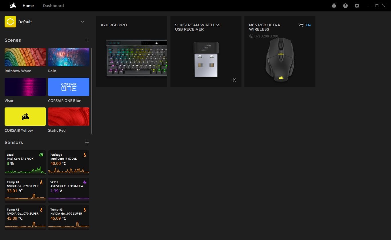 Corsair K70 RGB Pro - panel główny oprogramowania iCUE