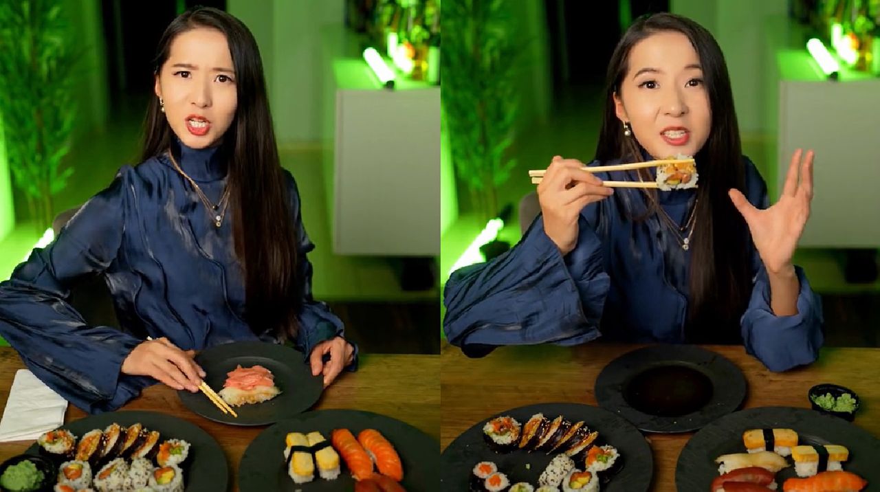Azjatka pokazuje, jak prawidłowo jeść sushi