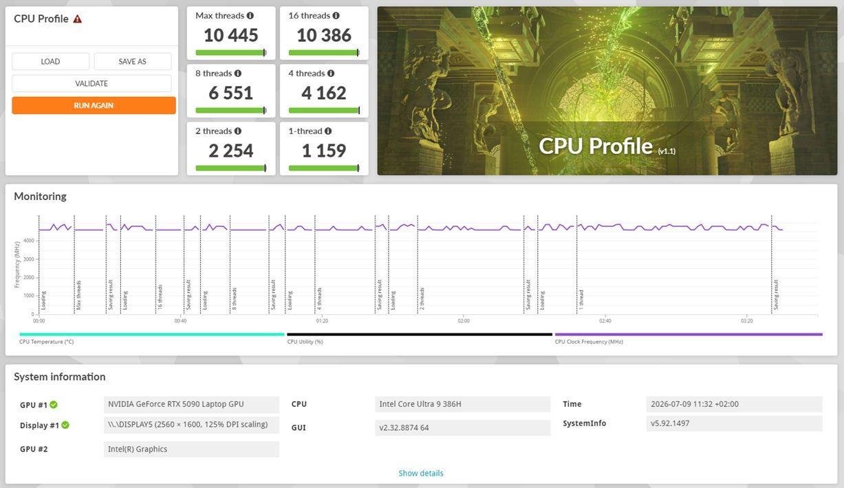 Razer Blade 16 (2026) - 3DMark CPU Profile - test CPU