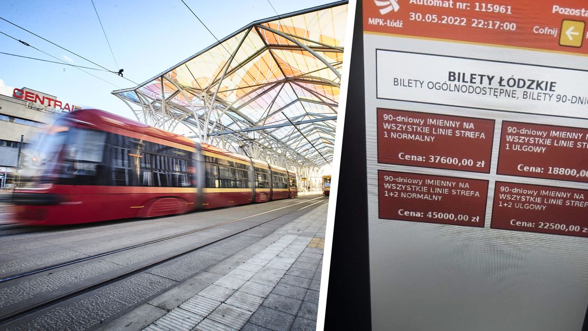 Tramwaj MPK Łódź na przystanku Piotrkowska Centrum. Obok: ceny biletów okresowych, które pojawiły się biletomatach przewoźnika