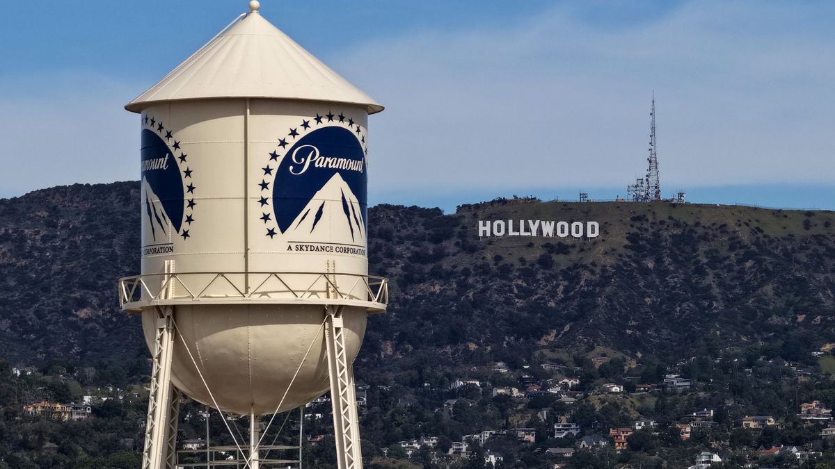 LOS ANGELES, CALIFORNIA - FEBRUARY 23: An aerial view of the Paramount logo on the water tower at Paramount Studios on February 23, 2026 in Los Angeles, California. Paramount Skydance is poised to increase its takeover offer for Warner Bros. Discovery above Netflix’s current bid, setting up a high-stakes bidding war that could see Netflix walk away from the deal if outbid. (Photo by Justin Sullivan/Getty Images)