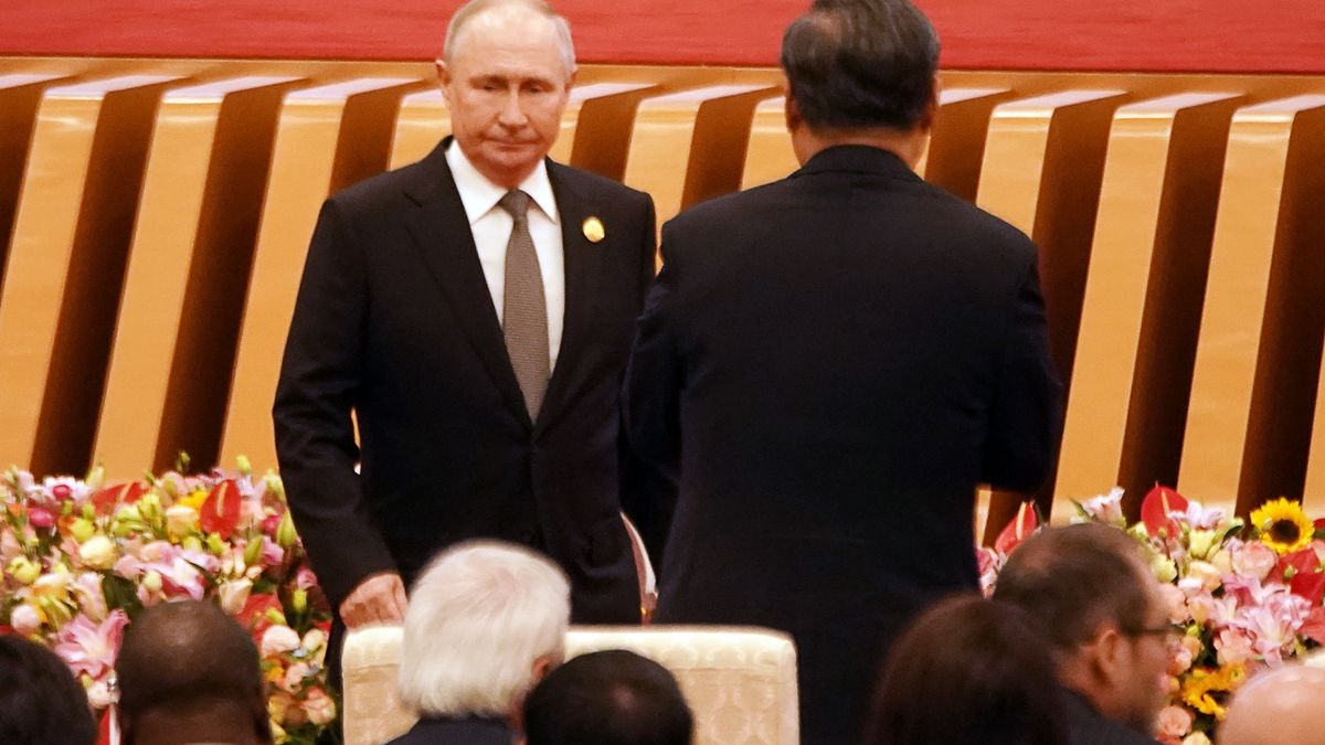 Vladimir Putin, Russia's president, left, during the opening ceremony at the Belt and Road Forum in Beijing, China, on Wednesday, Oct. 18, 2023. President Xi Jinping said the Belt and Road Initiative has a "golden decade" ahead, welcoming Putin and other delegates at a forum aimed at reinvigorating what Xi has called a "project of the century." Photographer: Qilai Shen/Bloomberg via Getty Images