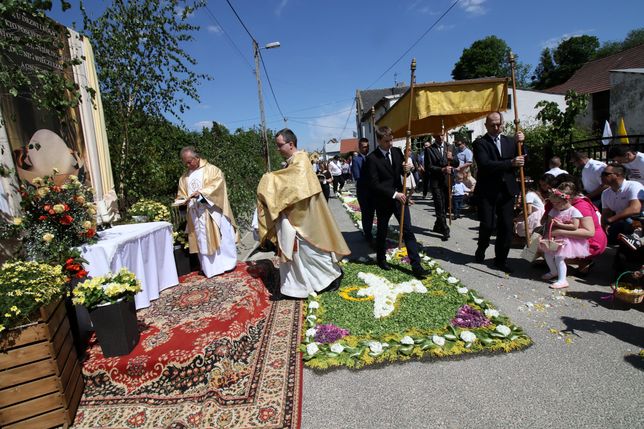 Klucz (pow. strzelecki, woj. opolskie), 03.06.2021. Procesja Bożego Ciała w miejscowości Klucz, 3 bm. W trzech wsiach należących do parafii w Kluczu procesje tradycyjnie przeszły wzdłuż ułożonych przez mieszkańców kwietnych kobierców. (aldg) PAP/Krzysztof Świderski