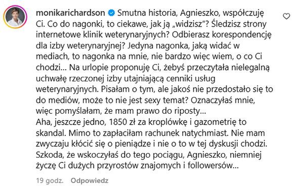 Komentarz Moniki Richardson na Instagramie