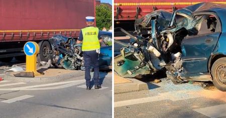 Makabryczny wypadek. Lanos został zmiażdżony