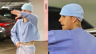 Odziany w crop top Justin Bieber walczy z opadającymi spodniami w drodze na jogę