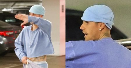 Odziany w crop top Justin Bieber walczy z opadającymi spodniami w drodze na jogę