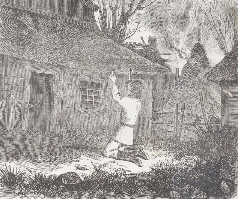 Chłop modlący się przed chatą w czasie pożaru wsi. Rysunek z początku lat 60. XIX w.