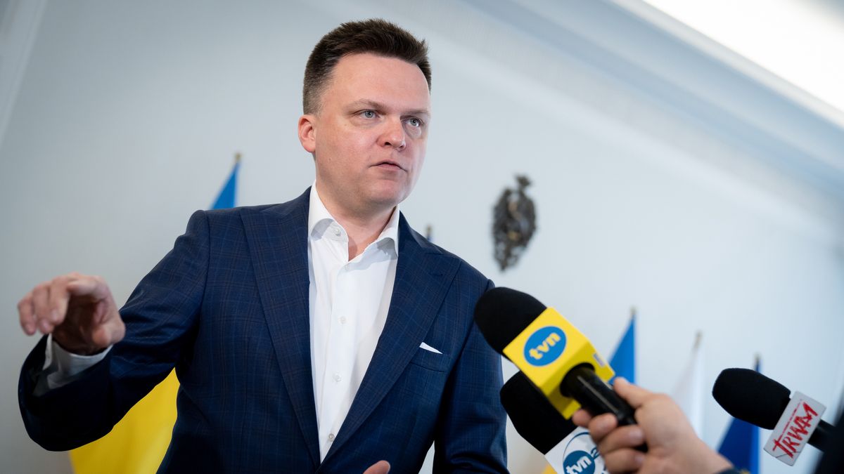 Szymon Holownia during a meeting at which Polish opposition parties signed the agreement on Civic Election Control, at the Senate (upper house of the parliament) in Warsaw, Poland on June 3, 2022 (Photo by Mateusz Wlodarczyk/NurPhoto via Getty Images)