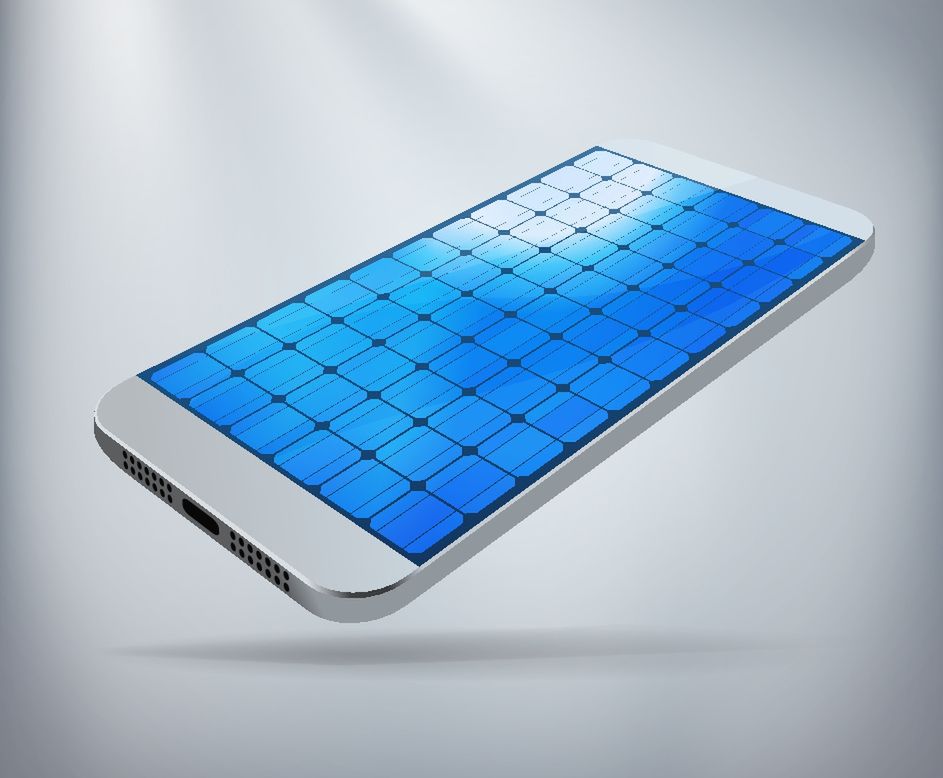 Zmodyfikowane zdjęcie Solar Powered Smartphone Concept. Silver smartphone with screen made of solar panels. Layered file for ease of customization. Fully scalable vector illustration.