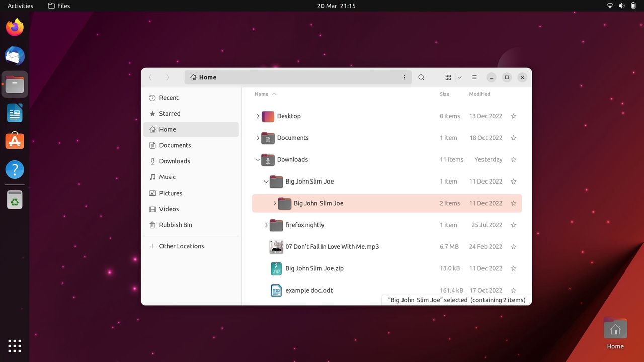 Rozwijana lista folderów w Ubuntu 23.04