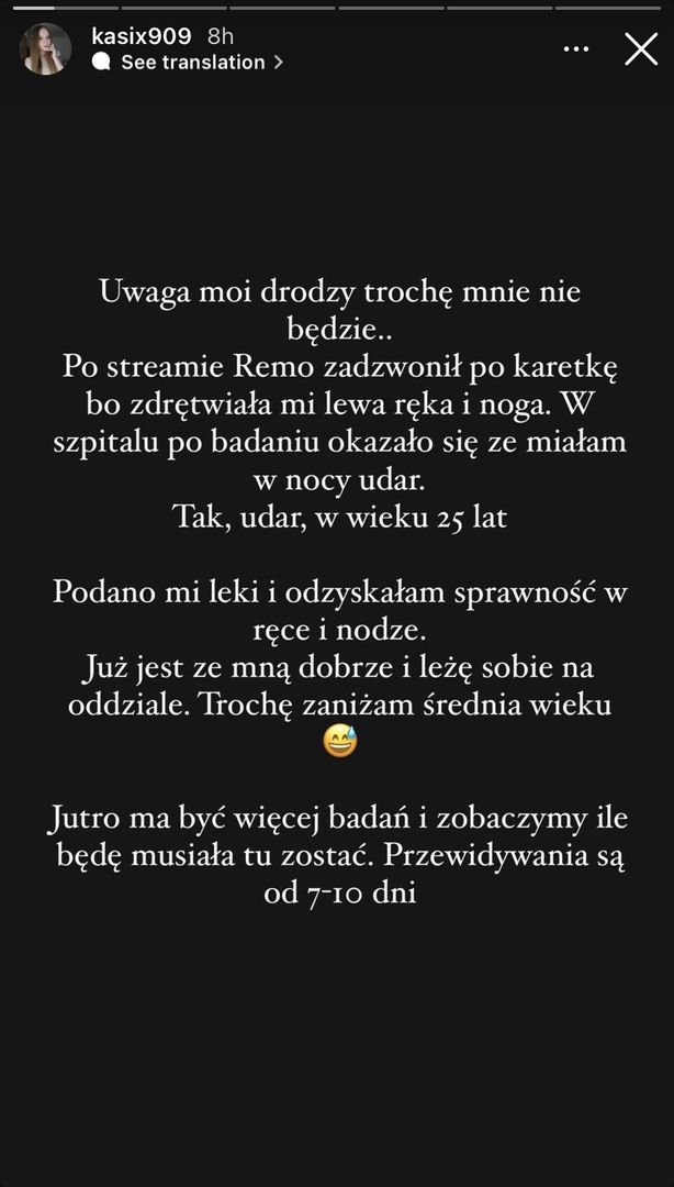 Screen wpisu Katarzyny Paciorek, w którym wyjaśnia, że miała udar