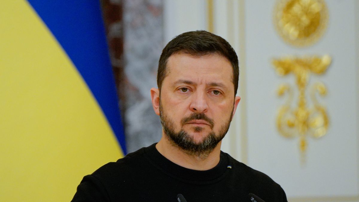 KYIV, UKRAINE - NOVEMBER 19: President of Ukraine Volodymyr Zelenskyy speaks during a joint press conference with Prime Minister of Denmark Mette Frederiksen on November 19, 2024 in Kyiv, Ukraine. Prime Minister Mette Frederiksen during a joint briefing with the Ukrainian president Volodymyr Zelenskyy said that Denmark would allocate 130 million euros for the development of the Ukrainian defense industry. (Photo by Ihor Kuznietsov/Novyny LIVE/Global Images Ukraine via Getty Images)