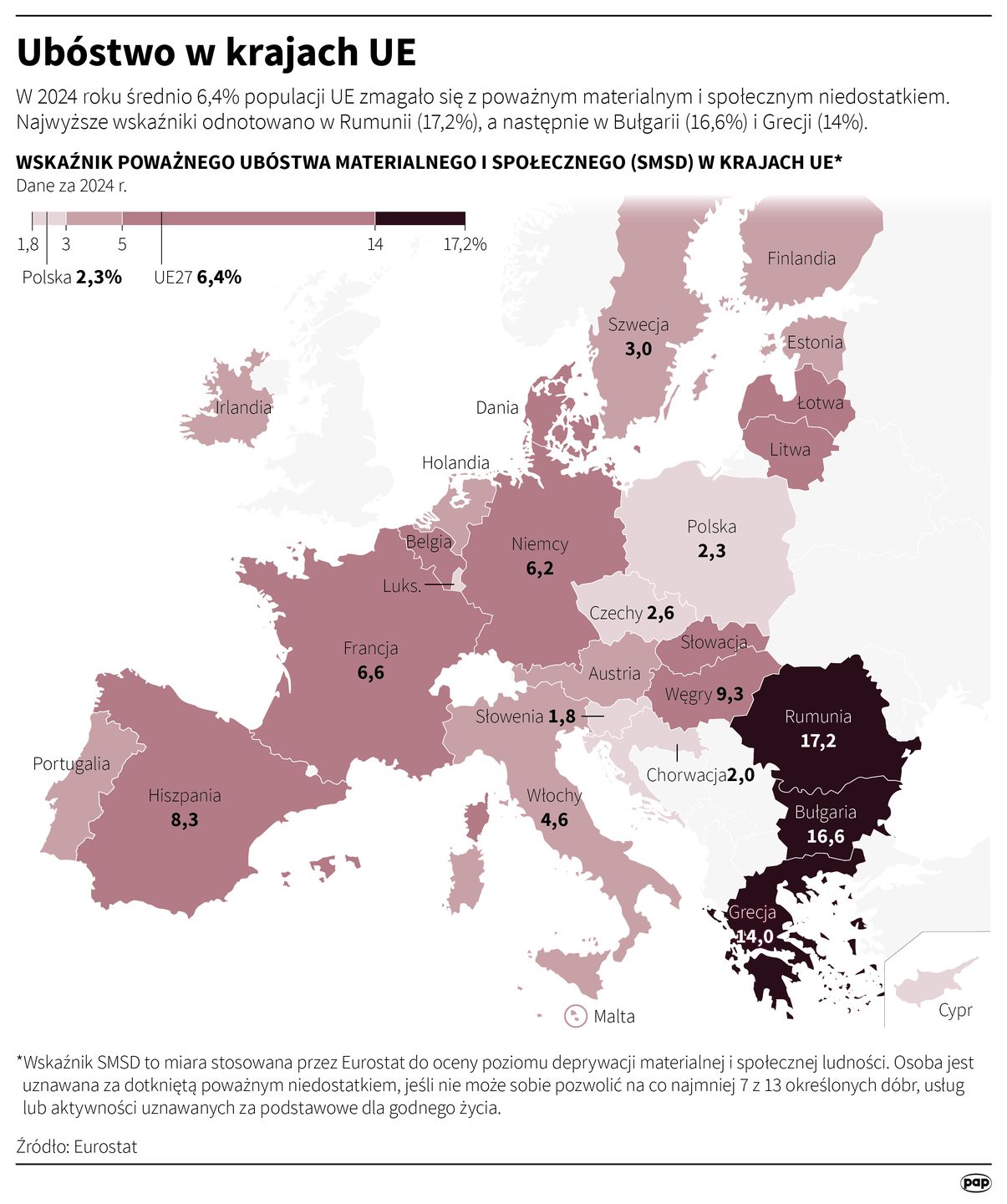 Mapa odczuwanego niedostatku w UE w 2024 roku