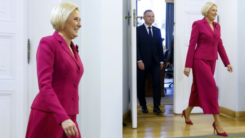 Agata Duda w malinowym zestawie