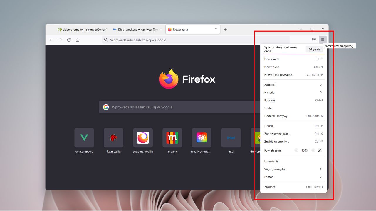 Firefox: menu aplikacji i ustawienia