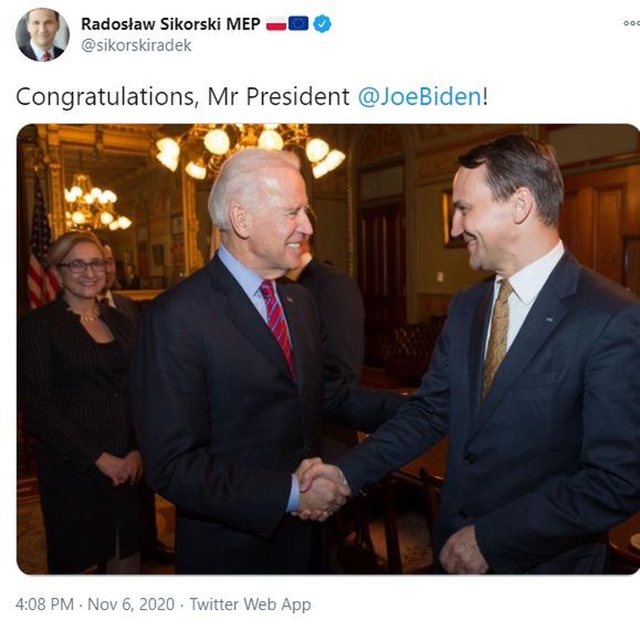 Radosław Sikorski już gratuluje wygranej Joe Bidenowi