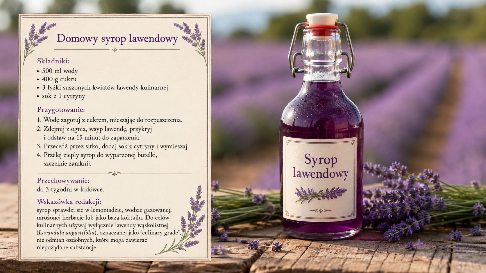 Przepis na syrop lawendowy w tle pola lawendy