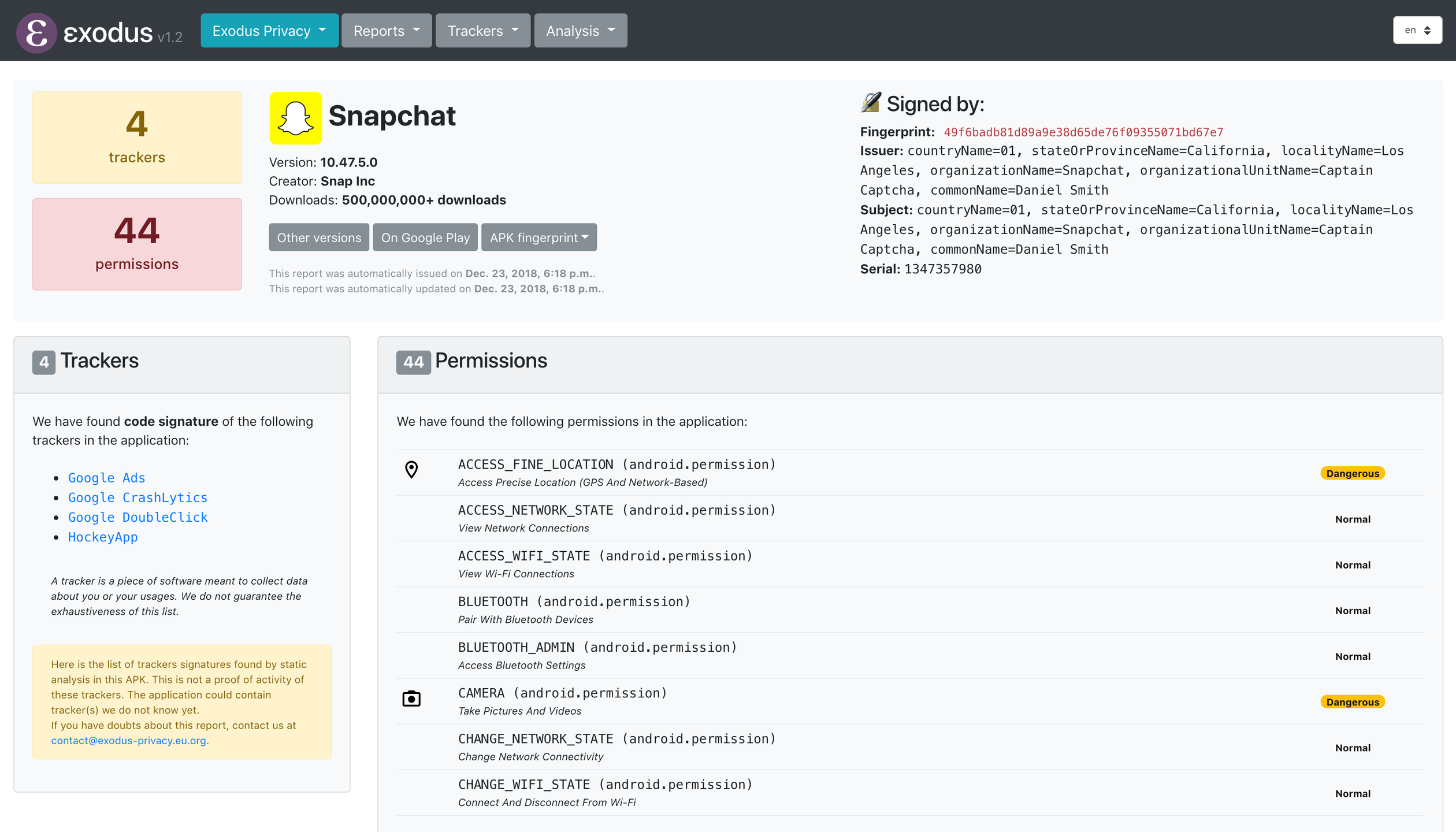 Raport Exodus Privacy z analizy Snapchata