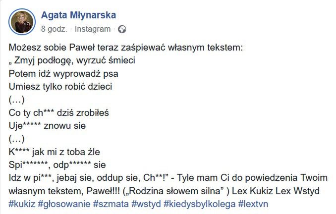 Wpis Agaty Młynarskiej na Facebooku