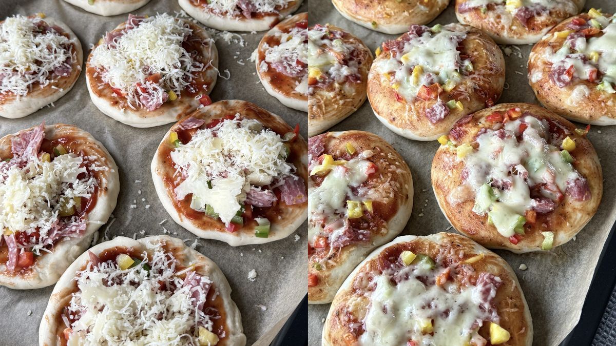 Bułeczki pizzowe przed i po upieczeniu