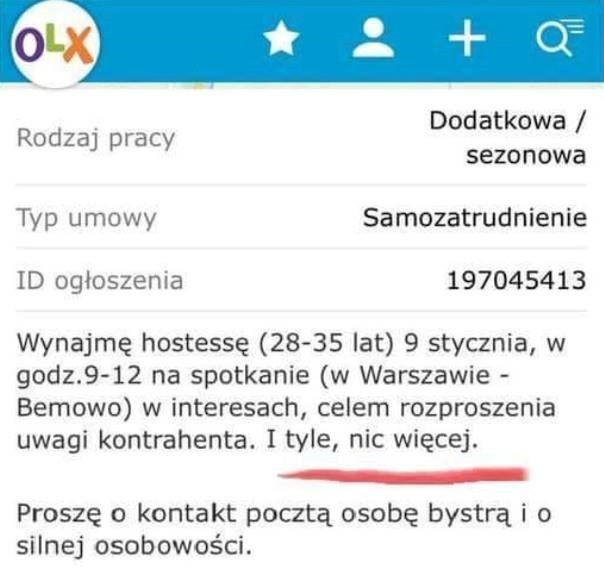 Jest praca na Bemowie. "Hostessa do rozpraszania uwagi kontrahenta"