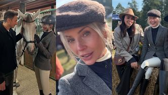 Agnieszka Woźniak-Starak bryka na koniu z czaprakiem Hermes i pozuje do fotek ze znanymi znajomymi na "Hubertusie" w Gałkowie
