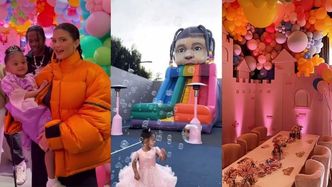 Kylie Jenner świętuje 3. urodziny Stormi: balonowa karoca, sklep z cukierkami i... dmuchana zjeżdżalnia z głową dziecka (ZDJĘCIA)