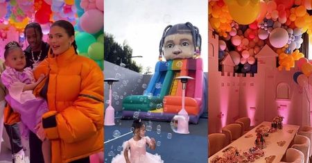 Kylie Jenner świętuje 3. urodziny Stormi: balonowa karoca, sklep z cukierkami i... dmuchana zjeżdżalnia z głową dziecka (ZDJĘCIA)