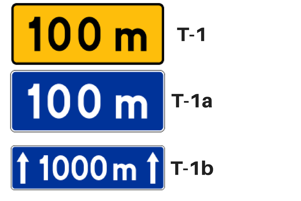 Tabliczki do znaków drogowych: T-1 tabliczki wskazujące odległość znaku ostrzegawczego od miejsca niebezpiecznego, T-1a tabliczki wskazujące odległość znaku informacyjnego od początku (końca) drogi lub pasa ruchu, T-1b tabliczki wskazujące długość tunelu lub odcinek drogi do końca tunelu