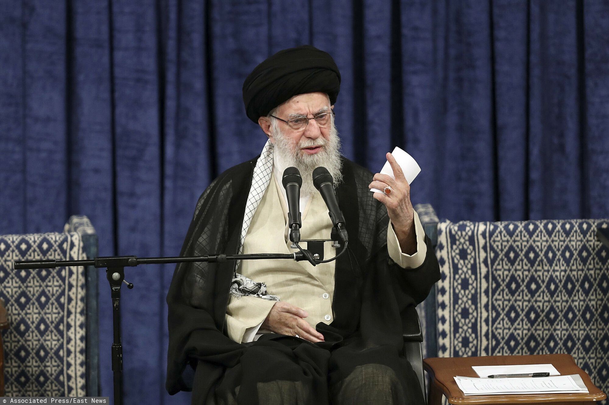 Temporary
In this photo released by the official website of the office of the Iranian supreme leader, Supreme Leader Ayatollah Ali Khamenei speaks after giving his official seal of approval to newly elected President Masoud Pezeshkian in an endorsement ceremony in Tehran, Iran, Sunday, July 28, 2024. Khamenei urged Pezeshkian to prioritize neighbors, African and Asian nations as well as countries that have "supported and helped" Iran in Tehran's foreign relations policies. (Office of the Iranian Supreme Leader via AP)