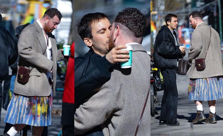 Sam Smith w nietuzinkowej spódnicy całuje się z chłopakiem na nowojorskiej ulicy (ZDJĘCIA)