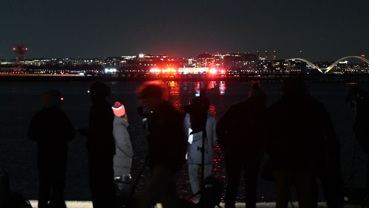WASHINGTON DC, UNITED STATES - JANUARY 30: A view of the scene after a regional plane collided in midair with a military helicopter and crashed into the Potomac River in Washington, D.C. United States on January 30, 2025. 'A PSA Airlines Bombardier CRJ700 regional jet collided in midair with a Sikorsky H-60 helicopter while on approach to Runway 33 at Reagan Washington National Airport around 9 p.m. local time,' the Federal Aviation Administration (FAA) said in a statement. (Photo by Celal Gunes/Anadolu via Getty Images)