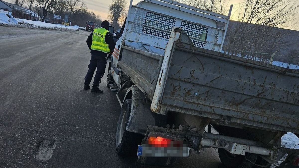 Policjanci kontrolujący kierowce samochodu dostawczego