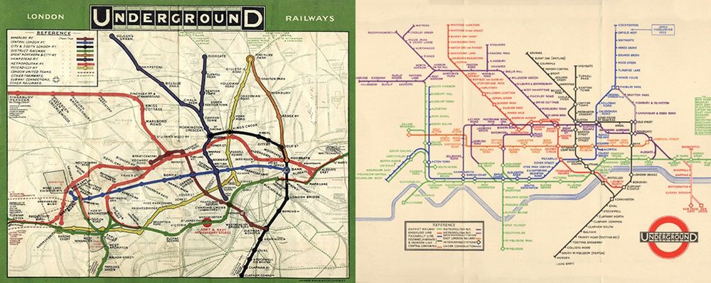 Układ linii londyńskiego metra z 1908 roku (z lewej) i modyfikacja wprowadzona przez Harry'ego Becka w 1931 roku (z prawej)