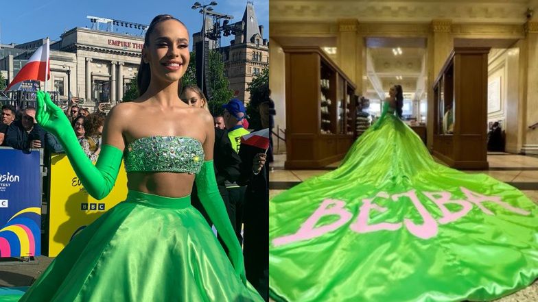 Blanka w limonkowej kreacji na ceremonii otwarcia Eurowizji. Z tyłu ogromny napis "BEJBA" 