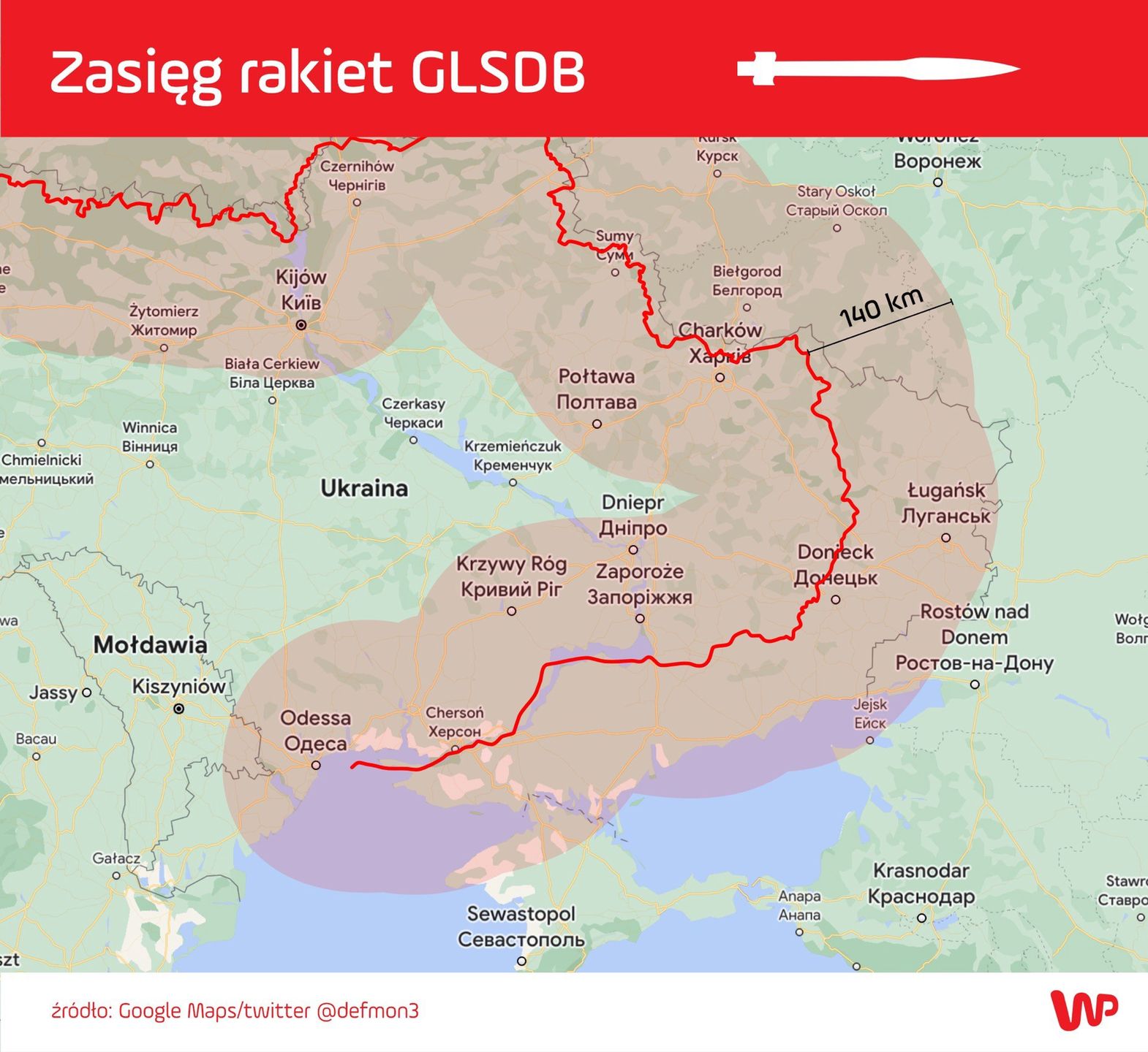Dzięki wysokości, na którą została wyniesiona i prędkości lotu, bomba ma zasięg nawet 150 km